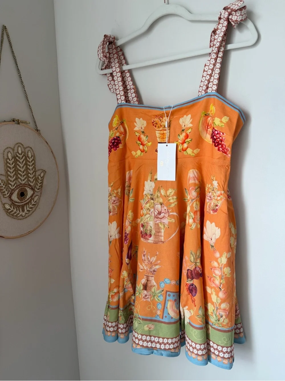 Orange Floral tropical fruit sleeveless tie strap linen blend Mini Dress - Picture 1 of 8